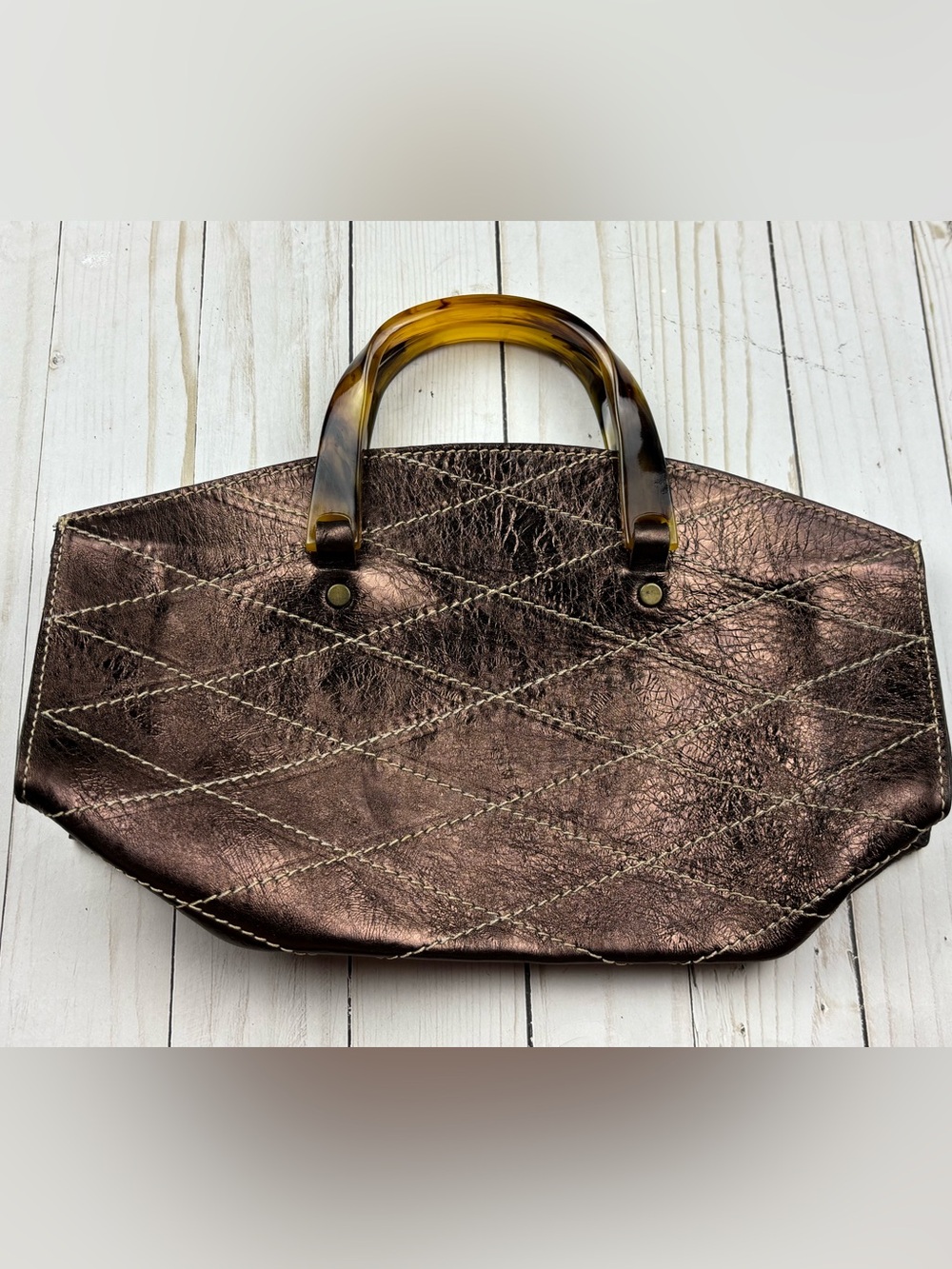 Vintage Vin Baker Brown Metallic Purse Handbag Tortoise Shell Handles USA